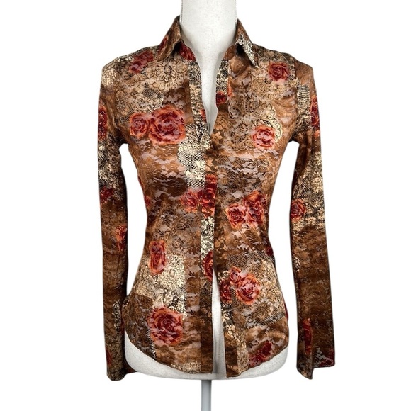 Forever 21 Brown & Tan Gold Tinsel Floral Lace Boho Long Sleeve Top Size Medium - Picture 1 of 6